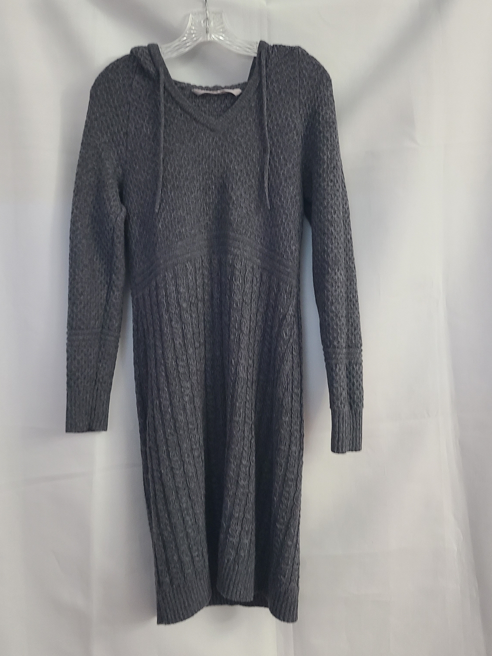 Athleta Sz M Gray Merino Extra Fine Wool Cable Knit Hooded Casual Sweater Dress